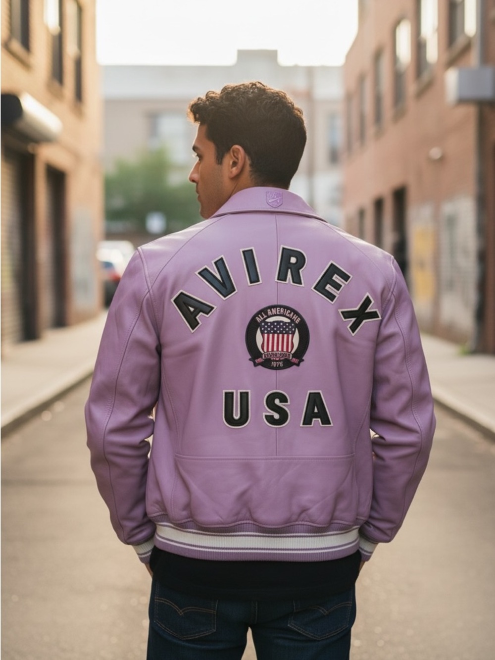 Avirex Lavender Leather Bomber Jacket with USA Patch - Picture 5 of 5